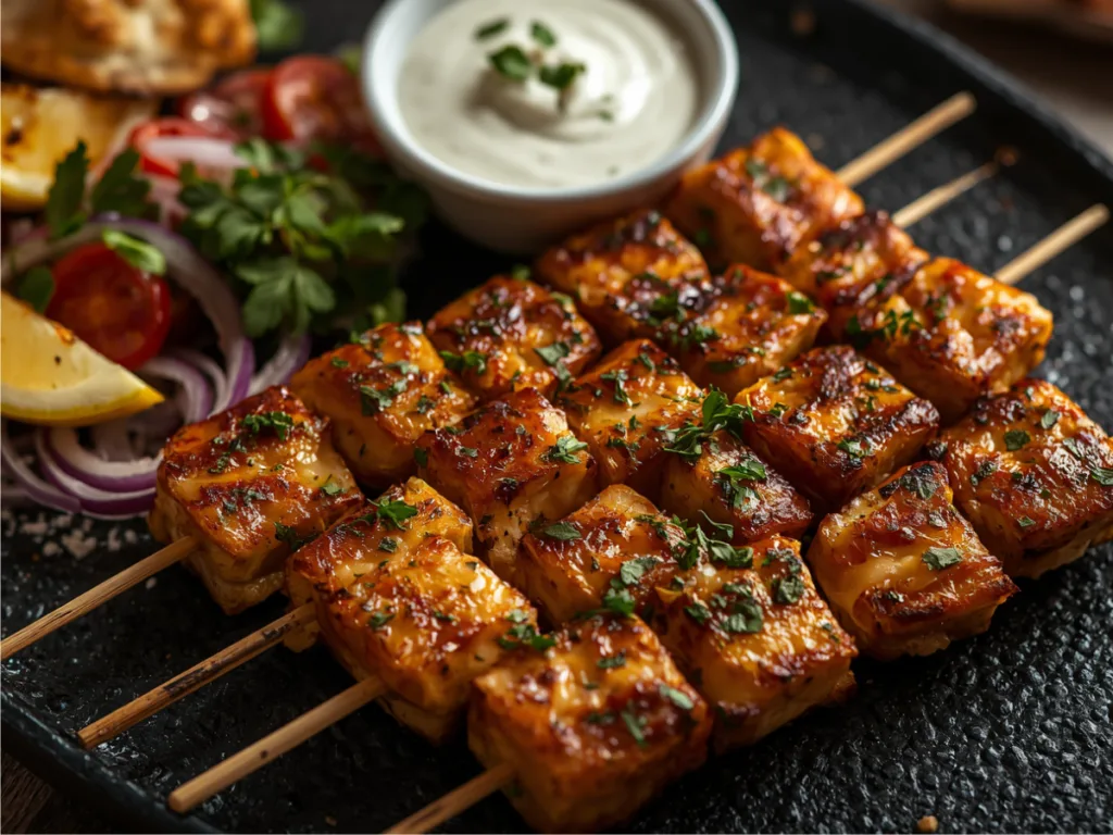 Authentic Greek Chicken Souvlaki:Healthy Chicken Souvlaki meal with pita and tzatziki.