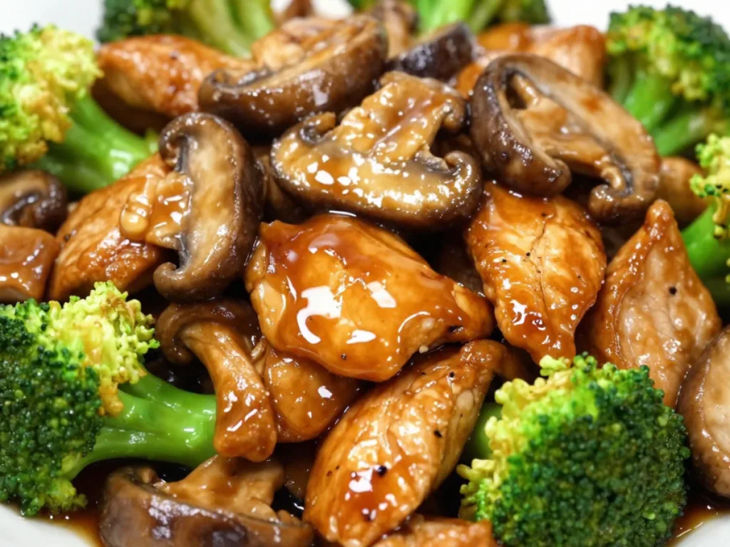 Healthy Family Meals featuring stir-fried chicken breast, fresh broccoli, and earthy mushrooms.