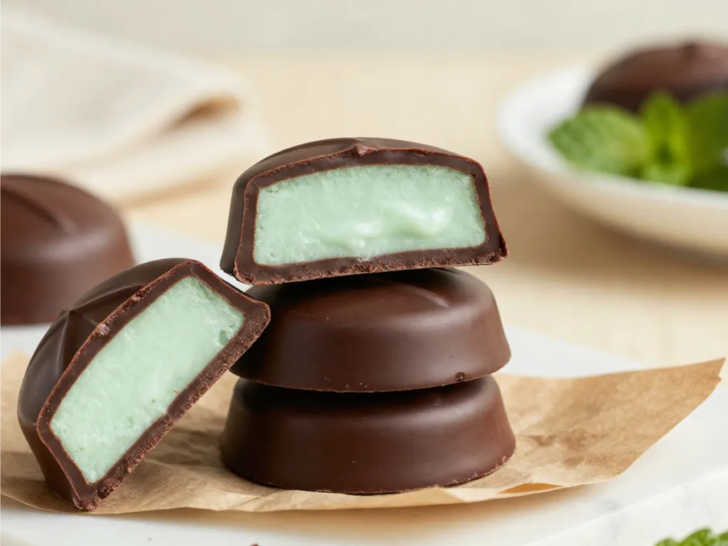 DIY peppermint patties displayed on a white plate with mint leaves.