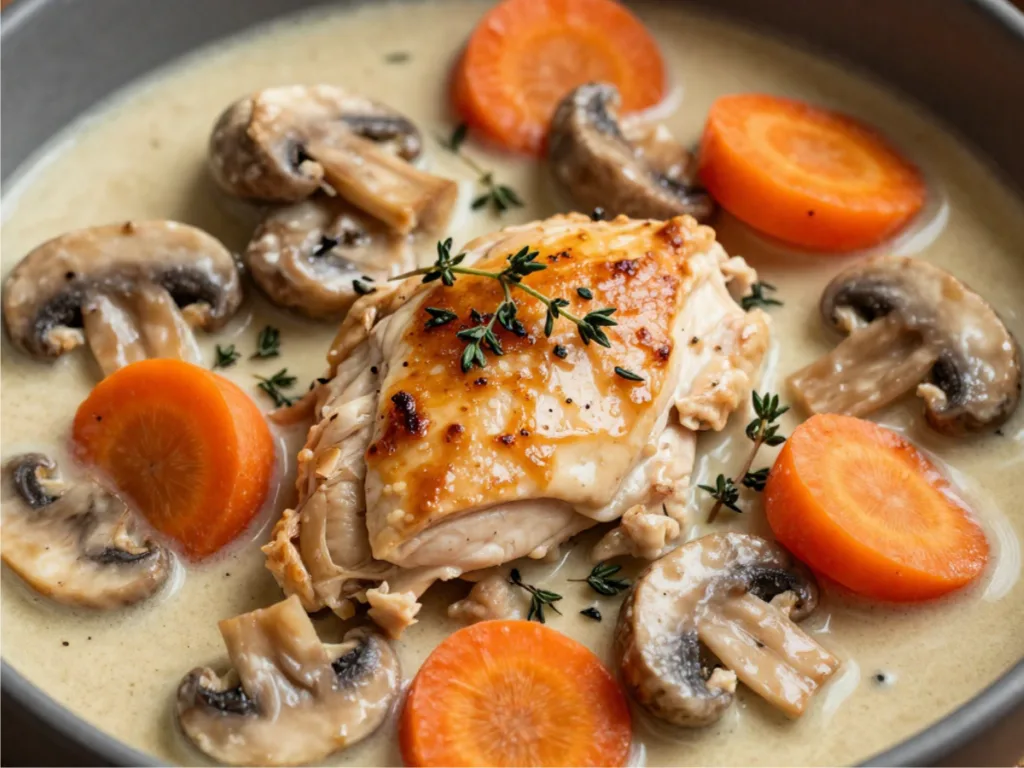 Sautéed chicken thighs mushrooms and carrots.