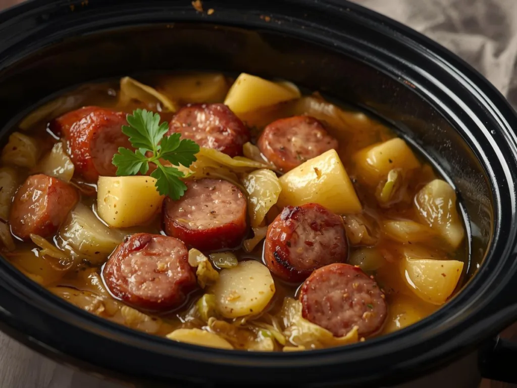 Alt: Crockpot filled with cabbage and potatoes.