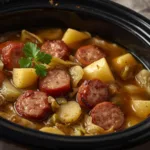 Alt: Crockpot filled with cabbage and potatoes.