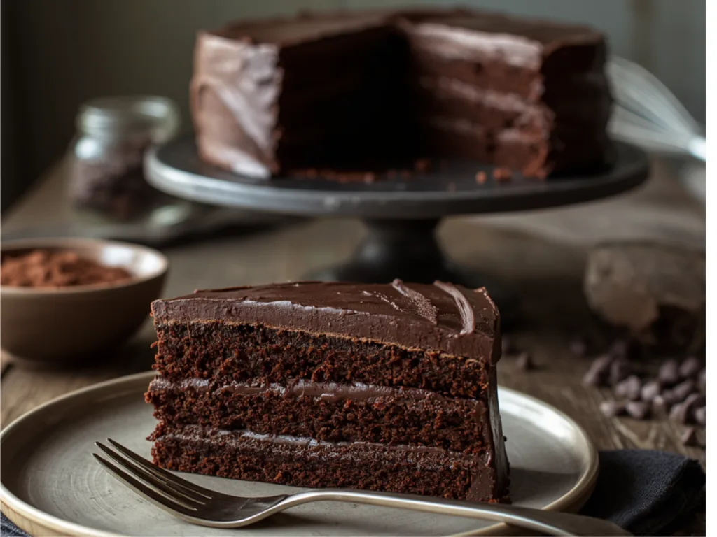 Dark chocolate ganache pouring over cake.