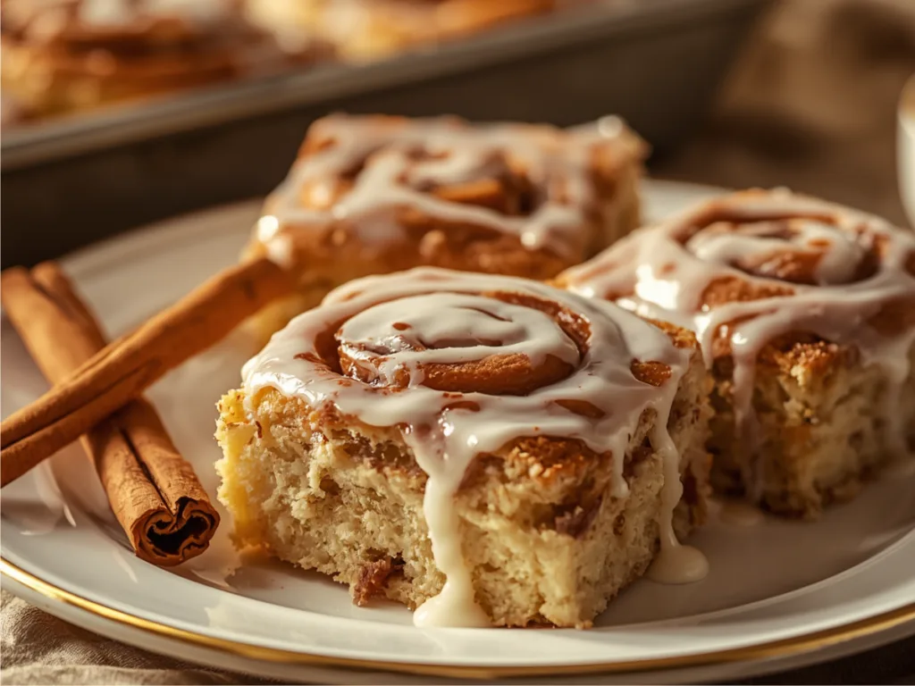 Slice of Grandma’s Cinnamon Roll Cake with melted icing.