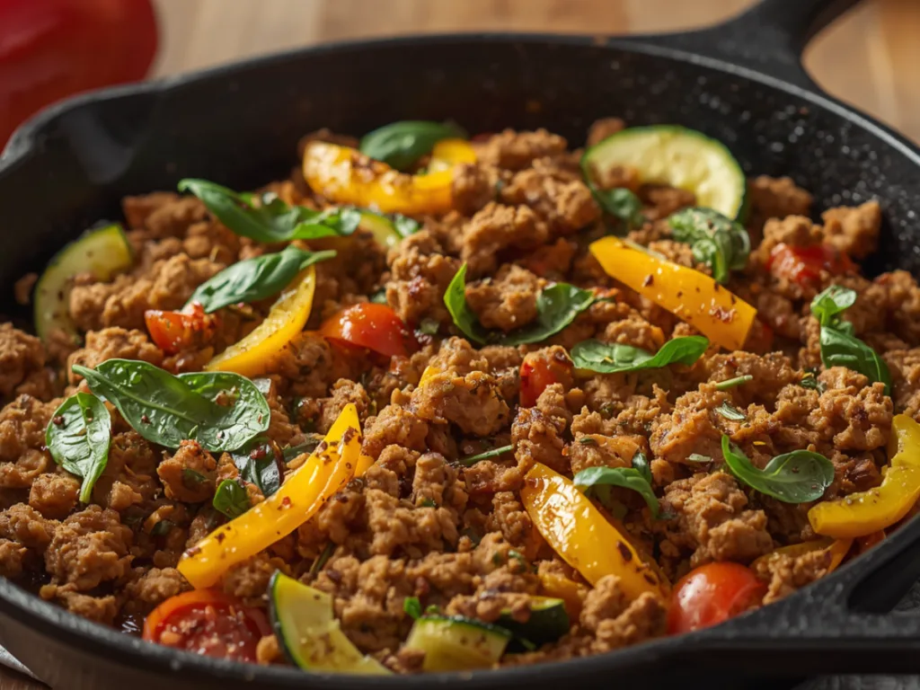 Close-up of Healthy Ground Turkey Skillet With Veggies with sautéed spinach.