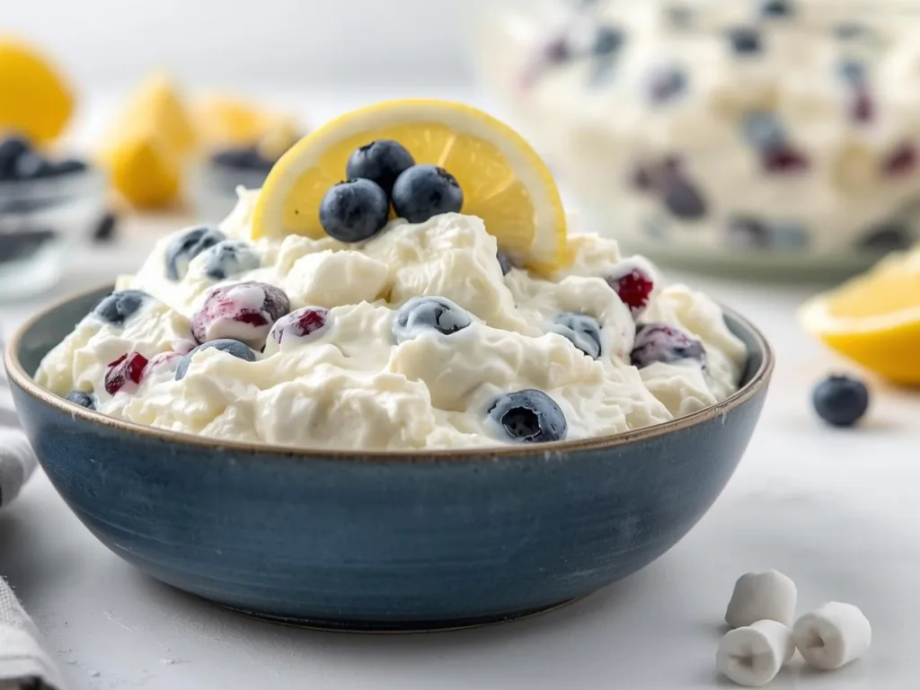Creamy Lemon Blueberry Fruit Salad with a hint of lemon.