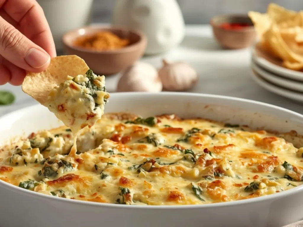 Stretching cheese pull from a dish of Spinach Artichoke Dip.