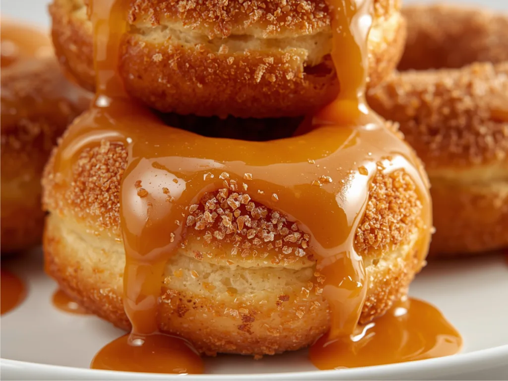 Stacked Caramel Apple Cider Donuts featuring a soft doughnut cake texture and sugar coating.
