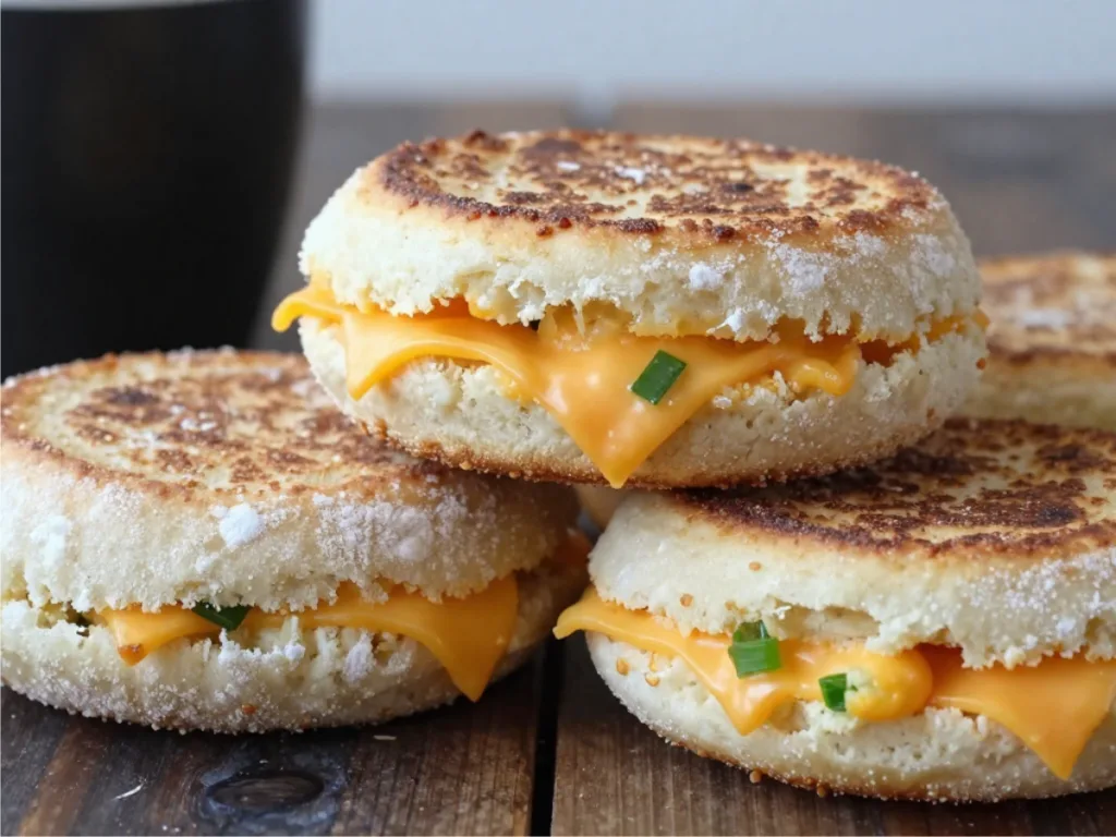 Cheddar Scallion Sourdough English Muffins : Split Cheddar Scallion Sourdough English Muffin with steam rising.