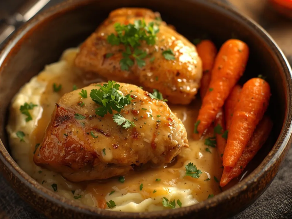 Herb chicken thighs with carrots & mash and roasted root vegetables.