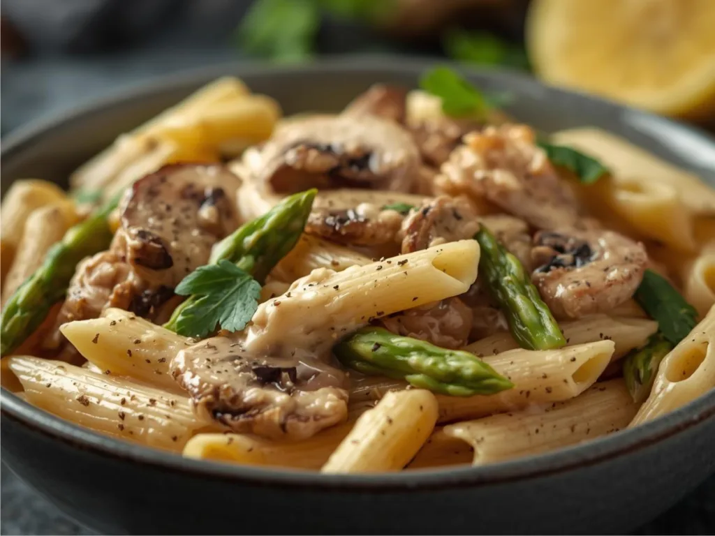 Gourmet Mushroom Asparagus Chicken Penne dinner with a rich, velvety cream and mushroom sauce.