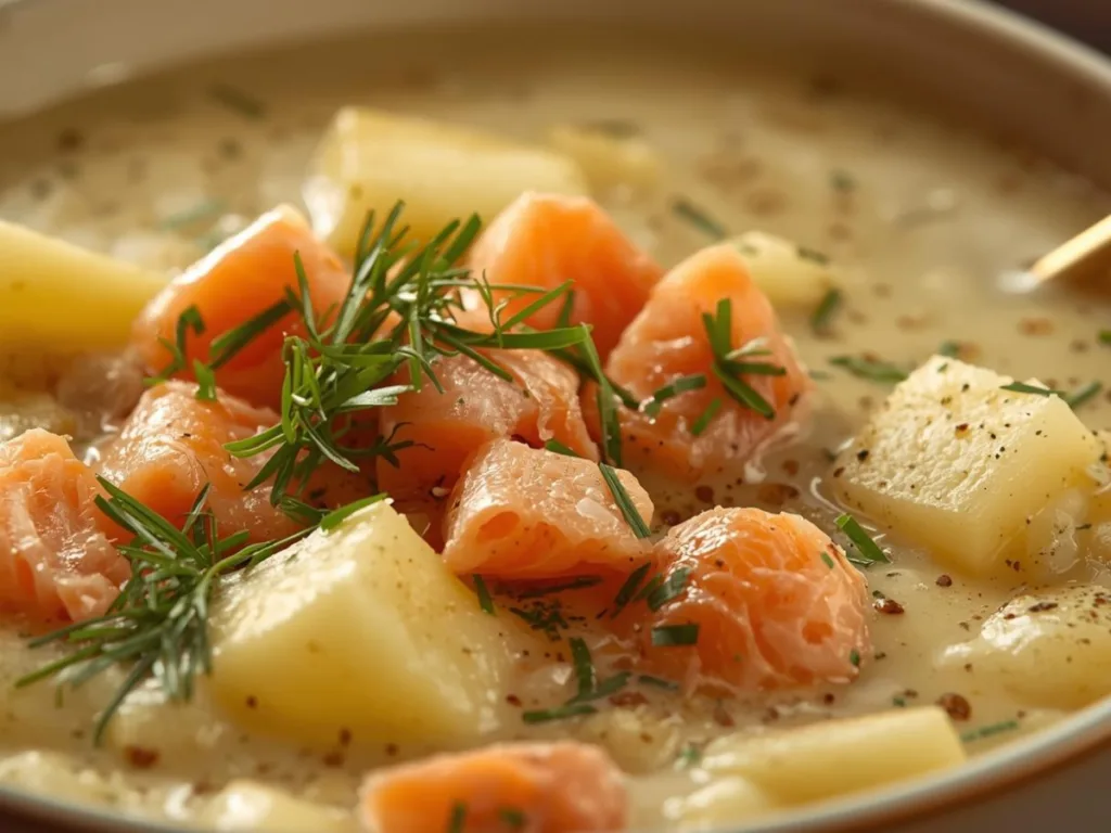 Text: Smoked Salmon Potato Chowder garnished with fresh green dill.