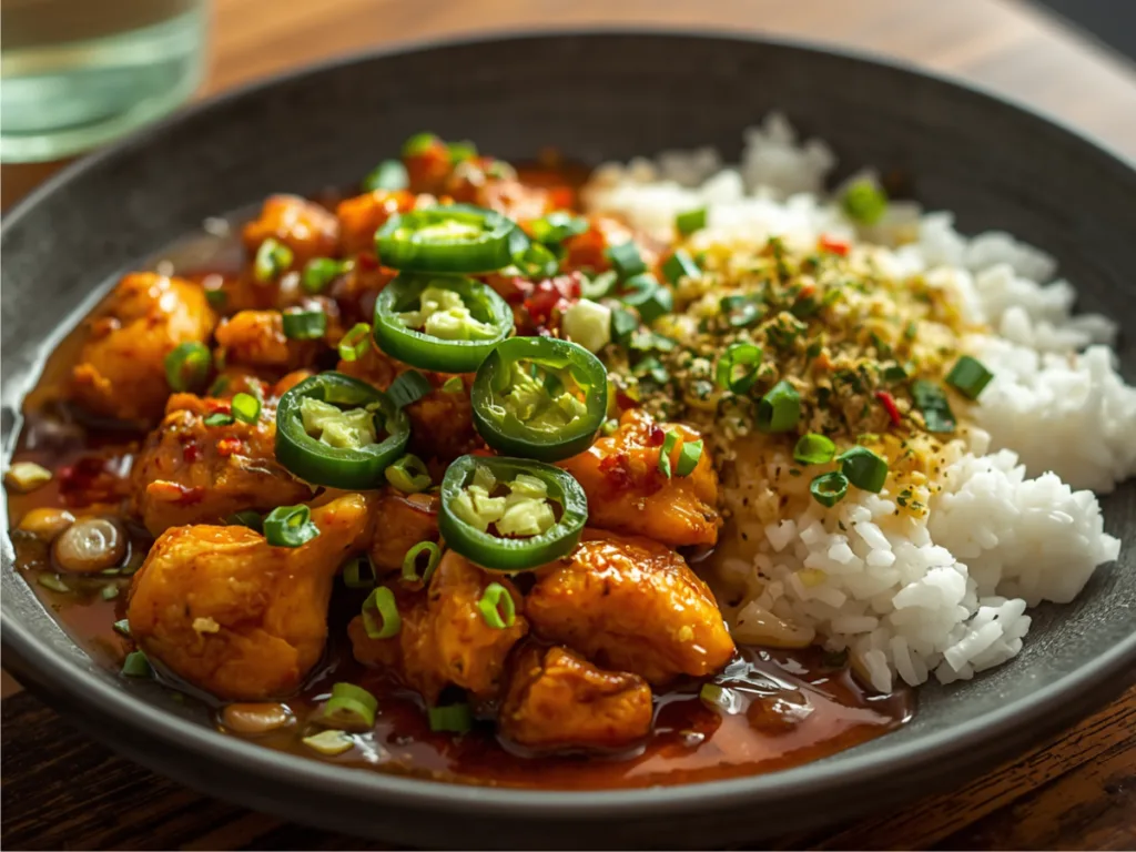 Sliced chicken with jalapeño peppers.