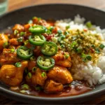 Sliced chicken with jalapeño peppers.