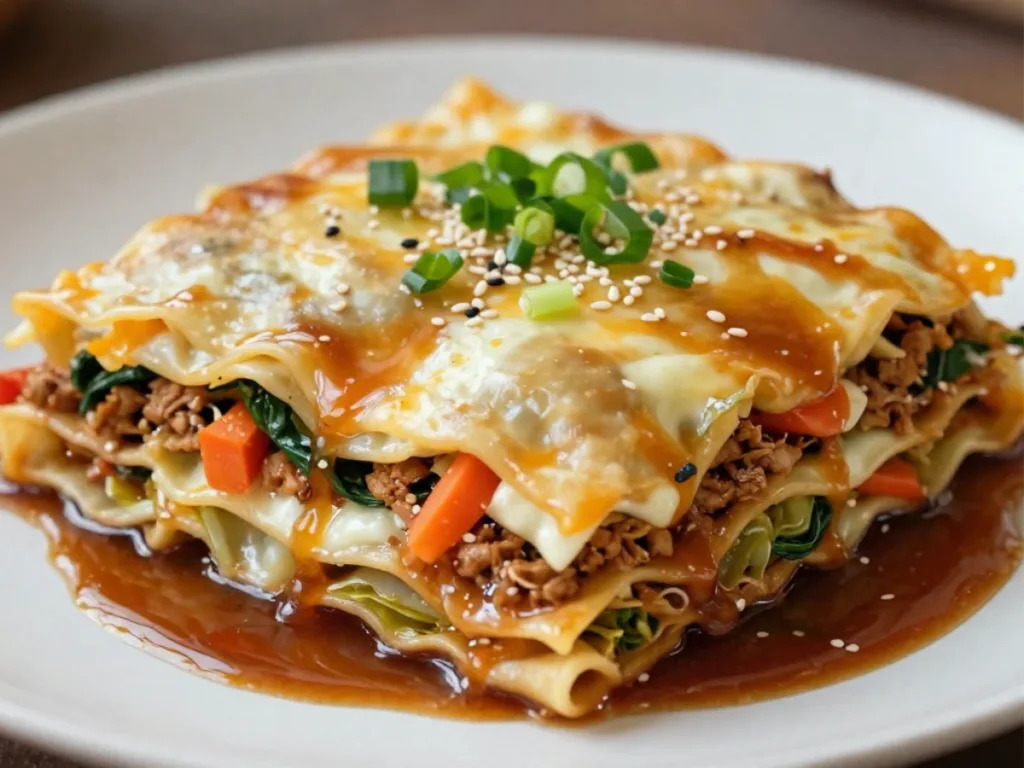 Serving a slice of Asian Dumpling Lasagna Soy