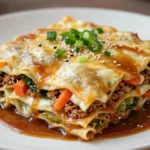 Serving a slice of Asian Dumpling Lasagna Soy