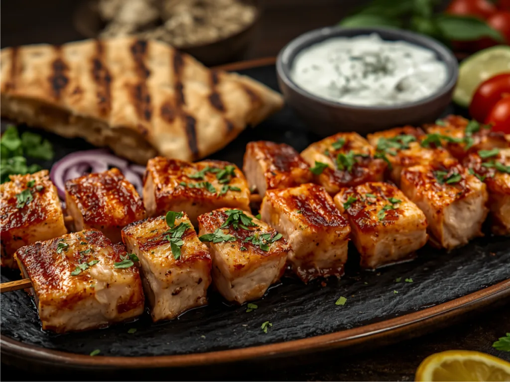 Close-up of chicken souvlaki skewers on a grill.