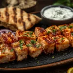 Close-up of chicken souvlaki skewers on a grill.
