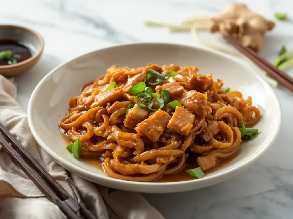 Close up of glossy rice noodles and chicken