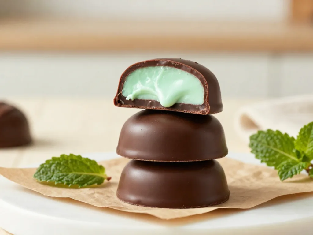 Chocolate covered mint patties broken in half to reveal the minty filling.