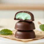 Chocolate covered mint patties broken in half to reveal the minty filling.