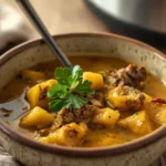 Close up of lamb curry crock pot with aromatic steam.