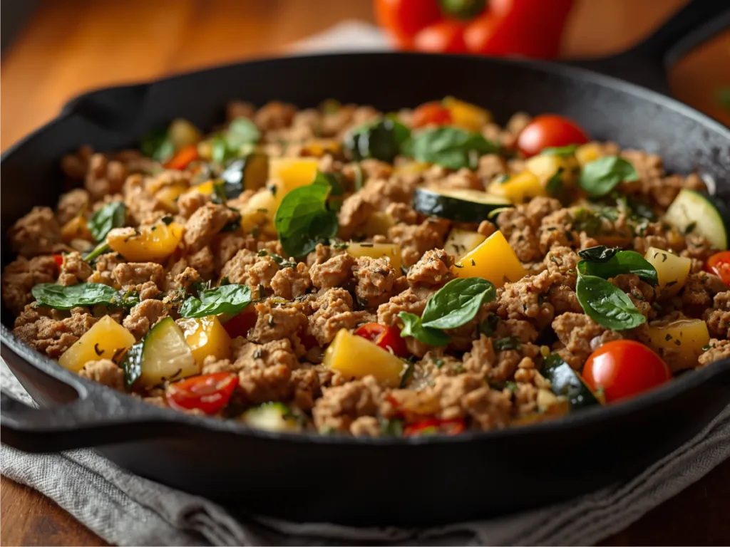 Healthy Ground Turkey Skillet With Veggies topped with fresh herbs.