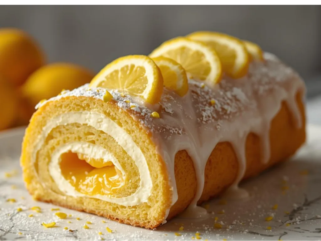 Powdered sugar being sifted over a warm lemon roll cake.