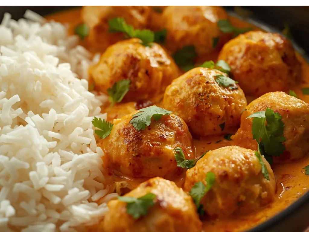 Skillet filled with golden Thai Chicken Meatballs in Coconut Curry with lime wedges on the side.