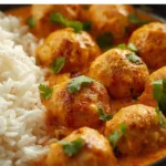 Skillet filled with golden Thai Chicken Meatballs in Coconut Curry with lime wedges on the side.