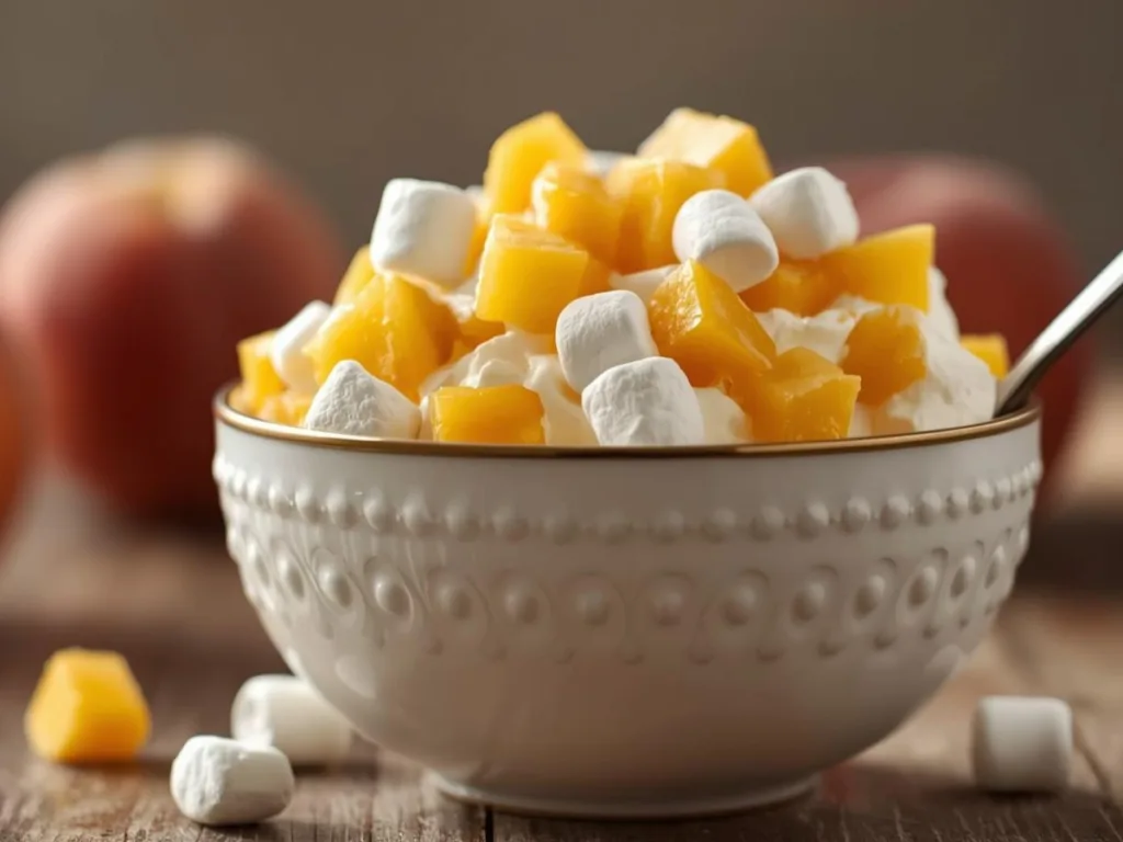 A spoon scooping into a fluffy peach dessert salad.