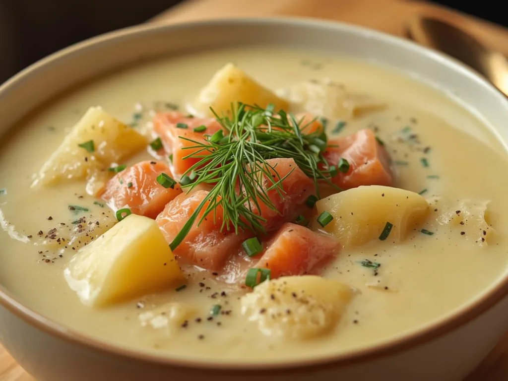 Hearty Smoked Salmon Potato Chowder served with crusty sourdough bread.