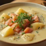 Hearty Smoked Salmon Potato Chowder served with crusty sourdough bread.