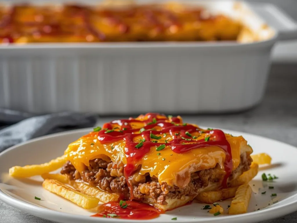 Cheeseburger French Fry Bake topped with fresh lettuce, tomatoes, and onions.