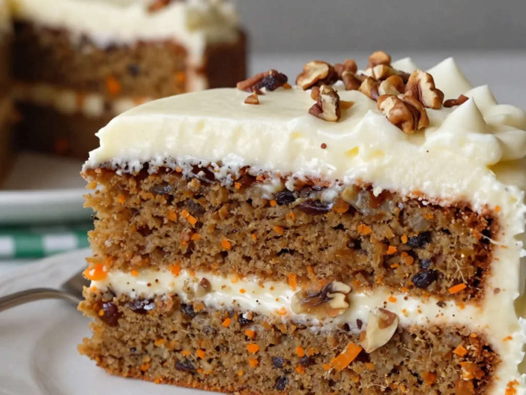 A slice of the best carrot cake recipe moist with pineapple topped with thick cream cheese frosting on a white plate