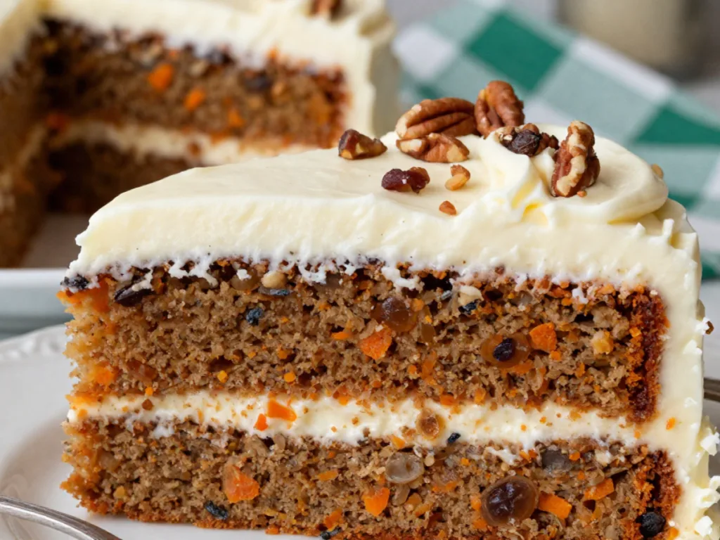 A stunning 3 layer carrot cake with smooth cream cheese frosting and decorative swirls, perfect for a carrot birthday cake.