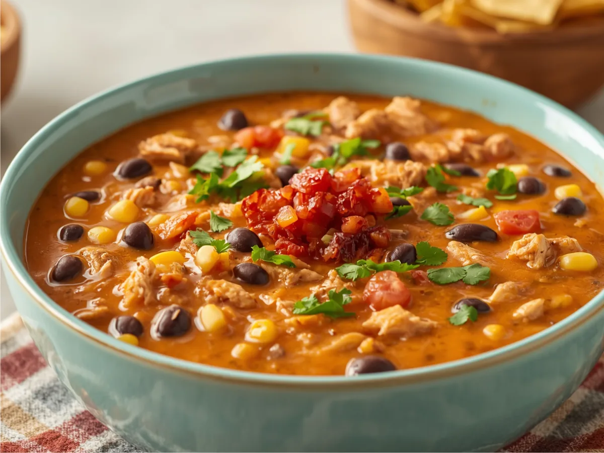 Rustic bowl of Slow Cooker Cream Cheese Chicken Chili