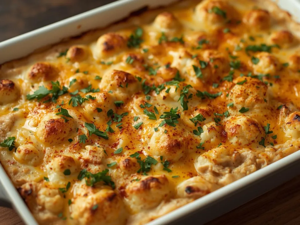Golden baked Healthy Chicken Cauliflower Casserole with melted cheddar topping.