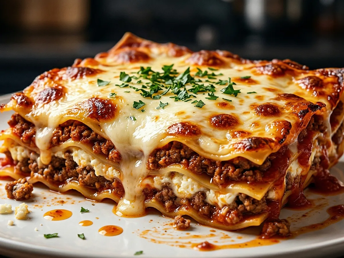 Slice of the best homemade lasagna recipe with layers of beef and ricotta.