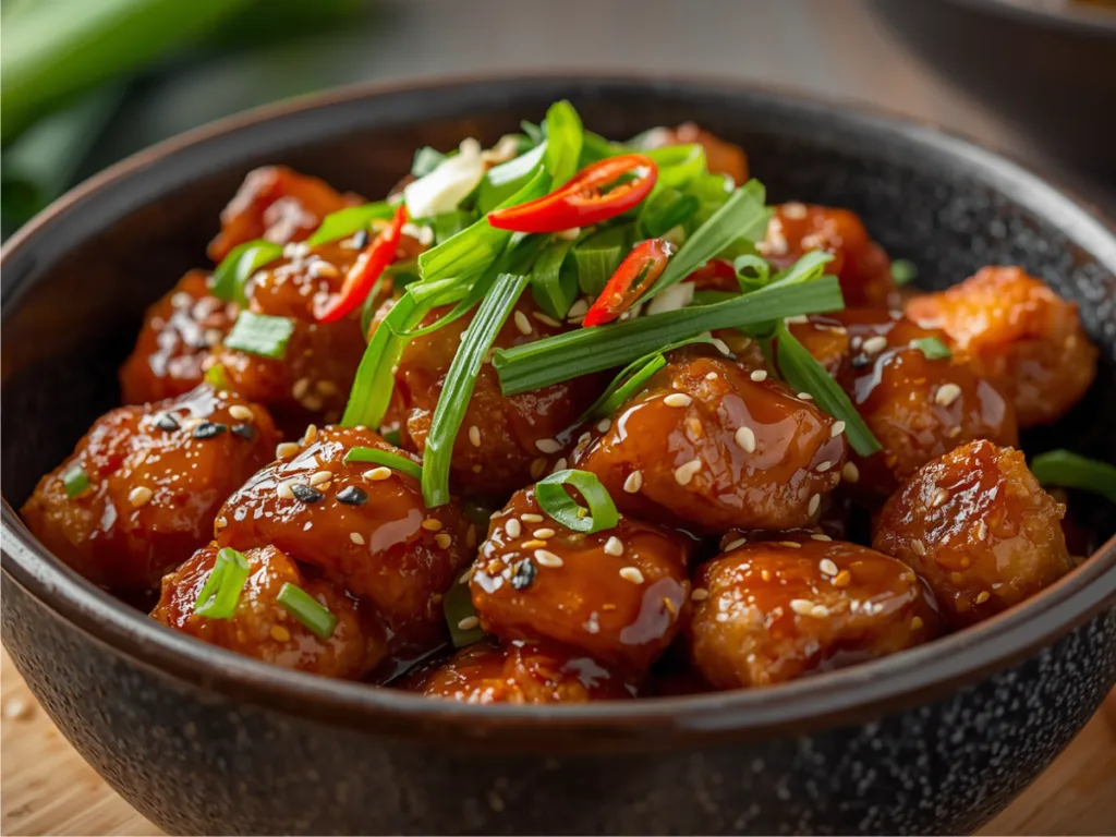 Golden Mongolian Chicken with sesame seeds.