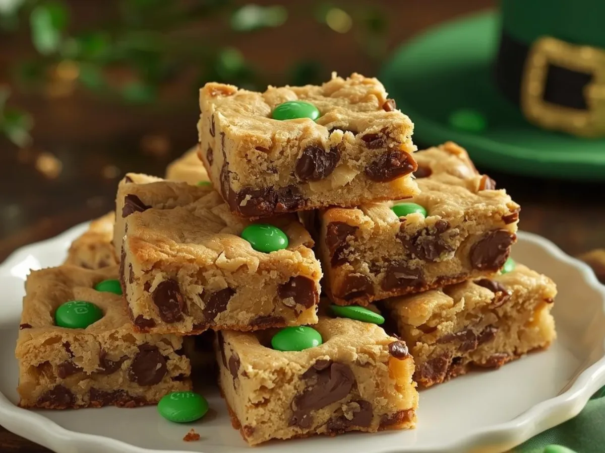A stack of St. Patrick’s Day Chocolate Chip Cookie Bars showing green candies.