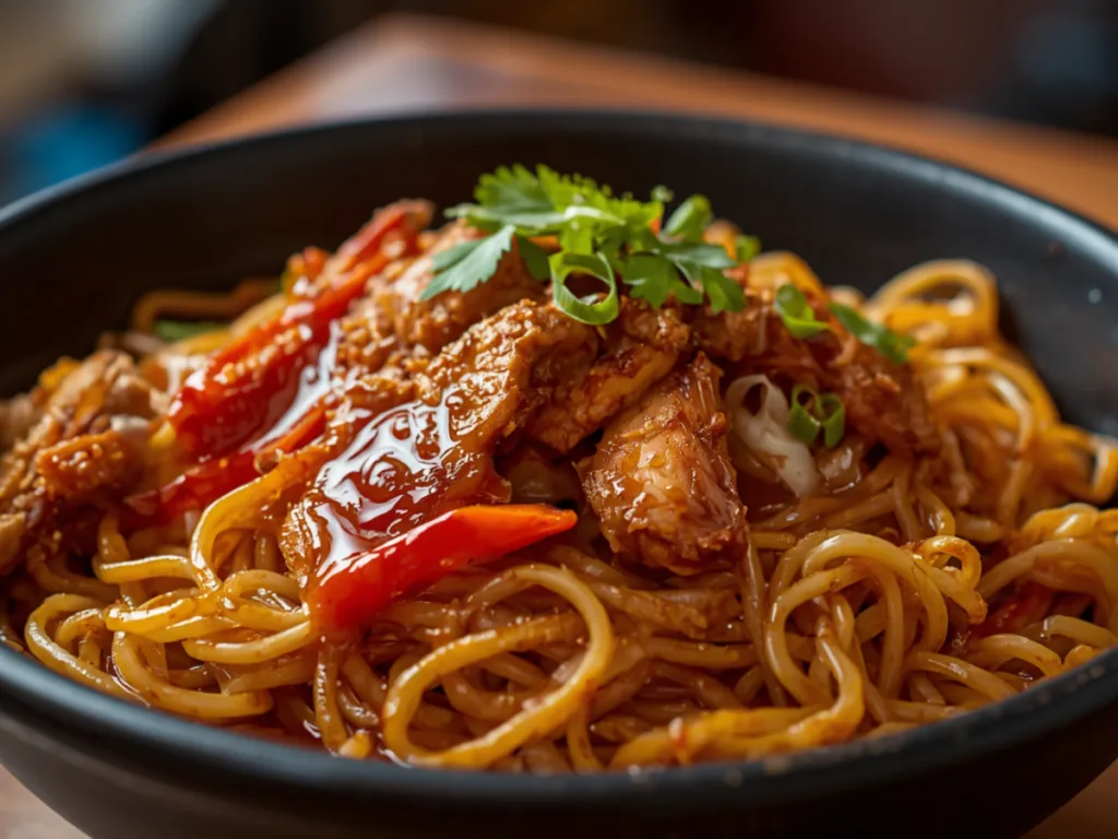 Glazed Sweet Chili Chicken Noodles with sliced peppers.