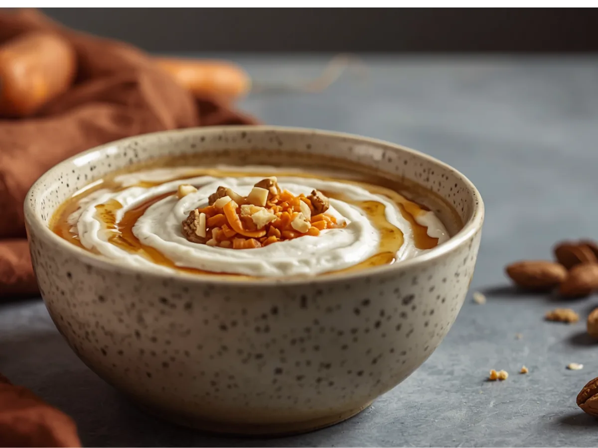 A mason jar filled with tasty carrot cake overnight oats topped with walnuts and raisins.