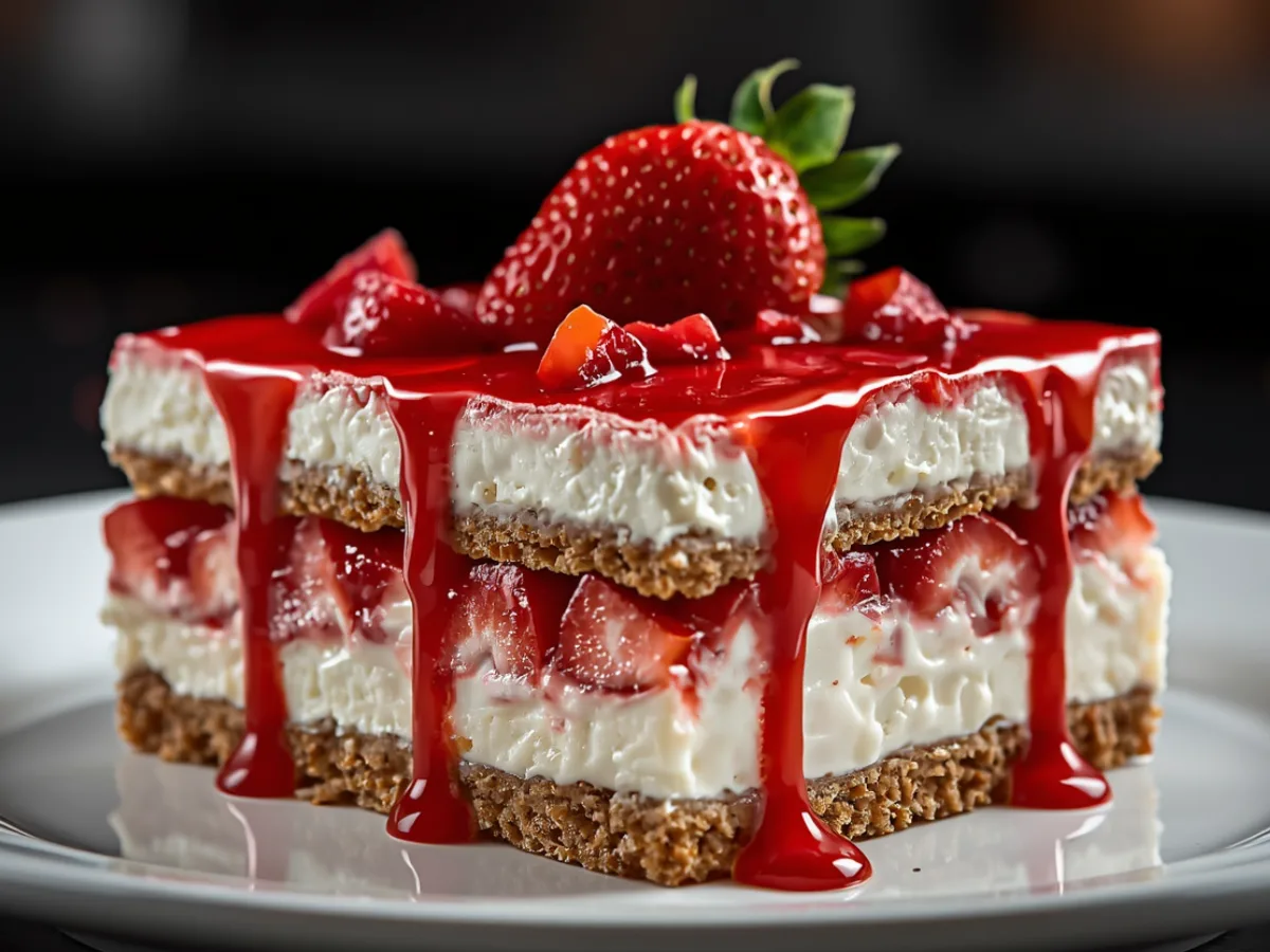 A slice of no-bake strawberry cheesecake lasagna showing distinct white cream and red berry layers.