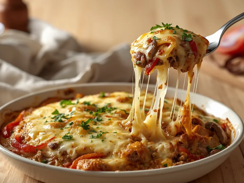 Golden Philly Cheesesteak Casserole in dish.