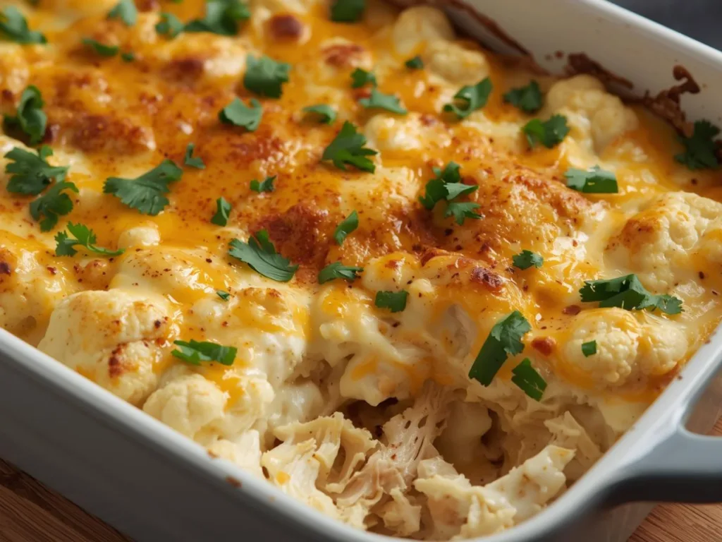 Sizzling Healthy Chicken Cauliflower Casserole in a ceramic baking dish.