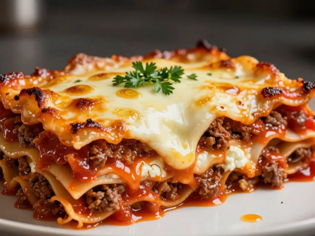 Bubbly golden homemade lasagna recipe in a ceramic baking dish.