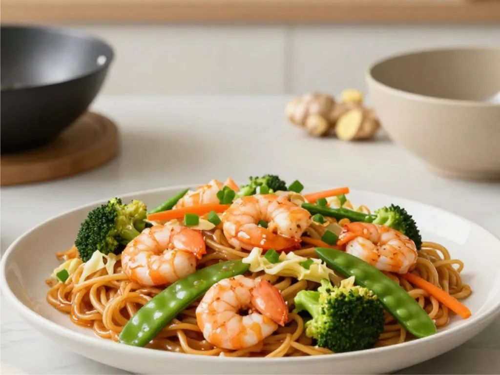Healthy homemade shrimp chow mein recipe