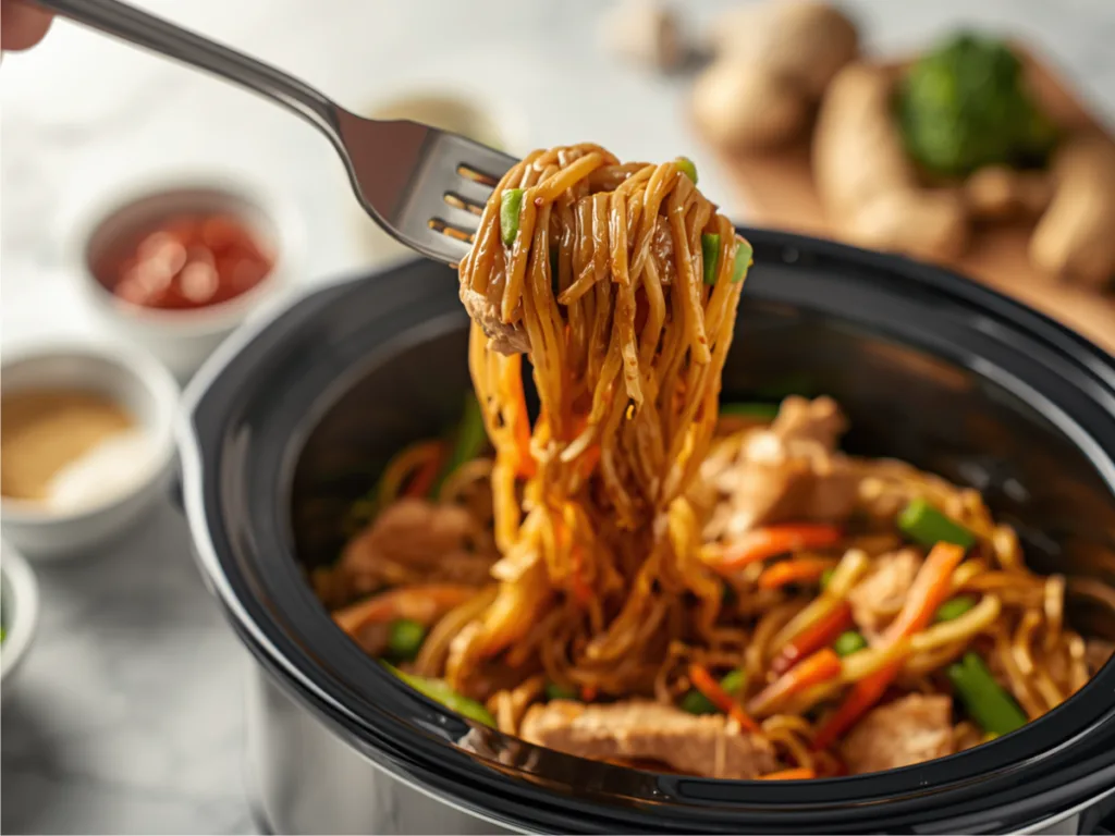 Top-down view of a crockpot filled with steaming Chicken Lo Mein noodles, broccoli, and carrots.