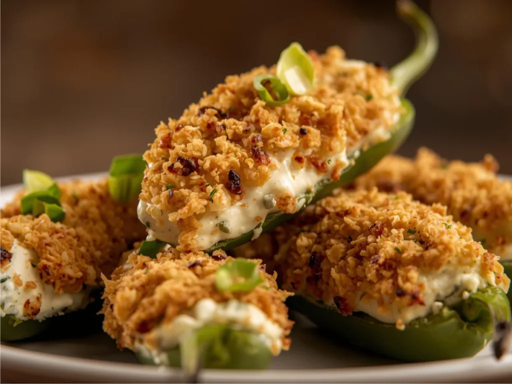 Close-up of crab stuffed jalapeño poppers on a rustic wooden board.